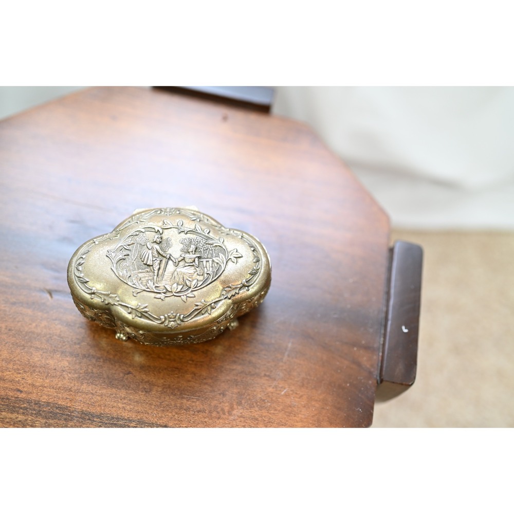 Vintage Metal Jewelry Box Red Velvet Lined Courting Couple Stamped Japan Gold